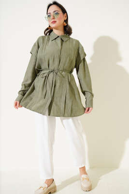 Omuz Pelerinli İp Bağcıklı Gömlek Haki - Thumbnail