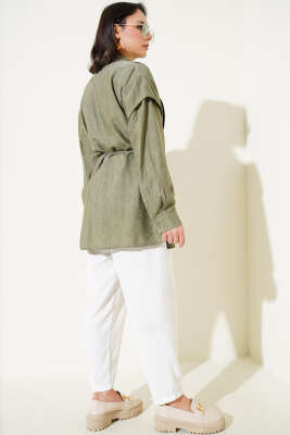 Omuz Pelerinli İp Bağcıklı Gömlek Haki - Thumbnail