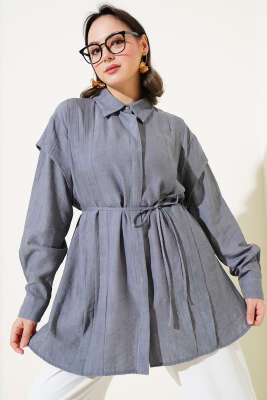 Omuz Pelerinli İp Bağcıklı Gömlek Füme - Thumbnail