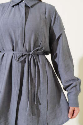 Omuz Pelerinli İp Bağcıklı Gömlek Füme - Thumbnail