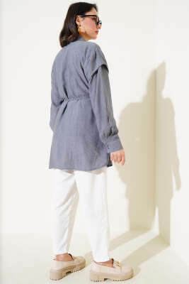 Omuz Pelerinli İp Bağcıklı Gömlek Füme - Thumbnail