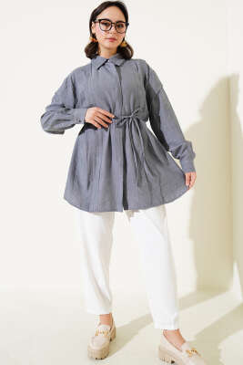 Omuz Pelerinli İp Bağcıklı Gömlek Füme - Thumbnail