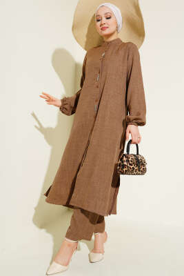 Pazarium - Taş Süslemeli Uzun Tunikli İkili Takım Vizon