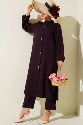 Pazarium - Taş Süslemeli Uzun Tunikli İkili Takım Mor