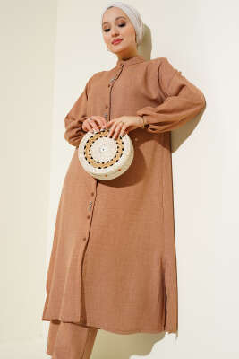 Pazarium - Taş Süslemeli Uzun Tunikli İkili Takım Latte