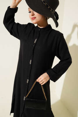 Pazarium - Taş Süslemeli Uzun Tunikli İkili Takım Siyah