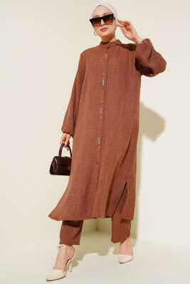 Pazarium - Taş Süslemeli Uzun Tunikli İkili Takım Kahve