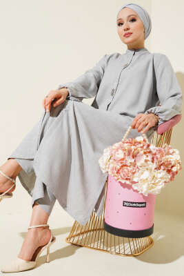 Pazarium - Taş Süslemeli Uzun Tunikli İkili Takım Gri