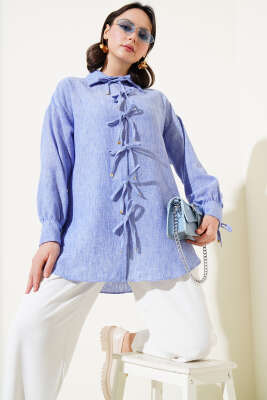 Pazarium - Önü İp Bağlamalı Gömlek İndigo