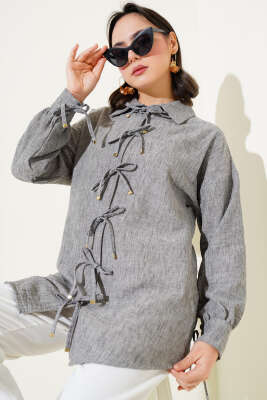 Önü İp Bağlamalı Gömlek Füme - Thumbnail