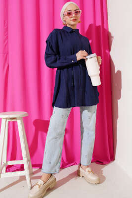 Omuz Pelerinli İp Bağcıklı Gömlek Lacivert - Thumbnail