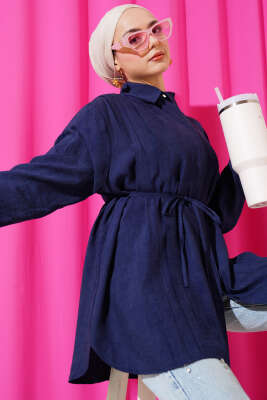 Omuz Pelerinli İp Bağcıklı Gömlek Lacivert - Thumbnail