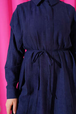 Omuz Pelerinli İp Bağcıklı Gömlek Lacivert - Thumbnail