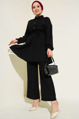 Pazarium - Beli Lastikli Taş Düğmeli İkili Takım Siyah