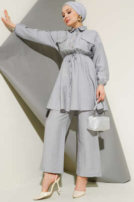 Pazarium - Beli Lastikli Taş Düğmeli İkili Takım Gri