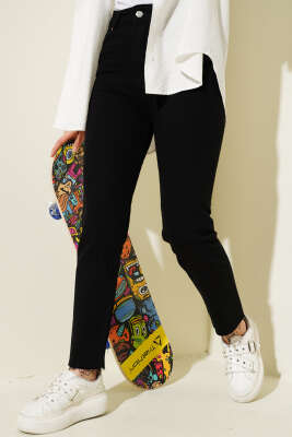 Pazarium - Yüksek Bel Boru Paça Kot Pantolon Siyah