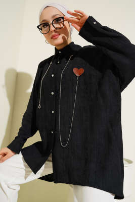 Pazarium - Taş Düğmeli Kalpli Salaş Gömlek Siyah