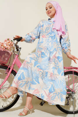 Pazarium - Hakim Yaka Tropik Desen Elbise İndigo