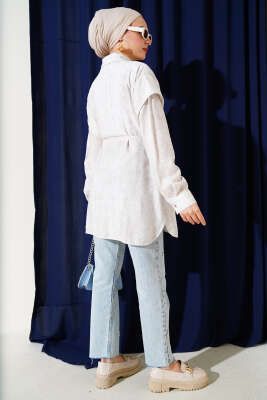 Omuz Pelerinli İp Bağcıklı Gömlek Taş - Thumbnail