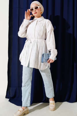 Omuz Pelerinli İp Bağcıklı Gömlek Taş - Thumbnail