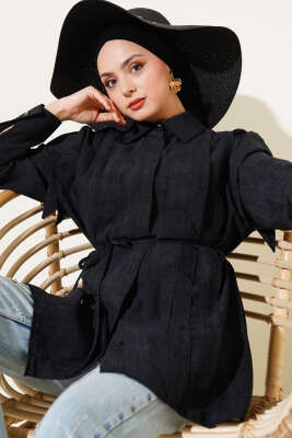 Omuz Pelerinli İp Bağcıklı Gömlek Siyah - Thumbnail