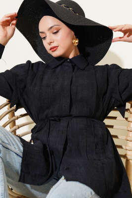 Omuz Pelerinli İp Bağcıklı Gömlek Siyah - Thumbnail