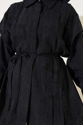 Omuz Pelerinli İp Bağcıklı Gömlek Siyah - Thumbnail