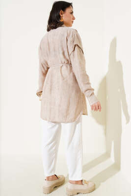 Omuz Pelerinli İp Bağcıklı Gömlek Bej - Thumbnail