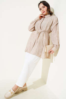 Omuz Pelerinli İp Bağcıklı Gömlek Bej - Thumbnail