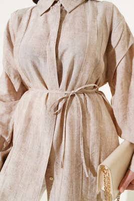 Omuz Pelerinli İp Bağcıklı Gömlek Bej - Thumbnail