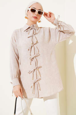 Pazarium - Önü İp Bağlamalı Gömlek Bej