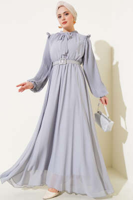 Pazarium - Kolları Piliseli Elbise Gri