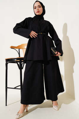 Pazarium - Yakası Pensli Kemerli Poplin İkili Takım Siyah