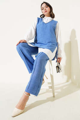 Pazarium - Taş Süslemeli Yan Bağlamalı Üçlü Takım İndigo