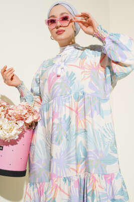 Bileği Gipeli Tropik Desen Elbise Mint - Thumbnail