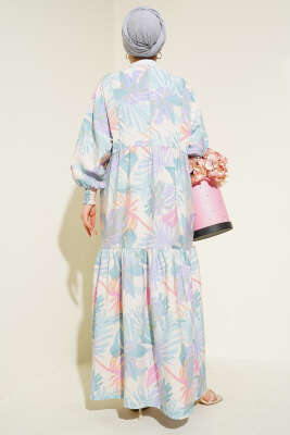 Bileği Gipeli Tropik Desen Elbise Mint - Thumbnail