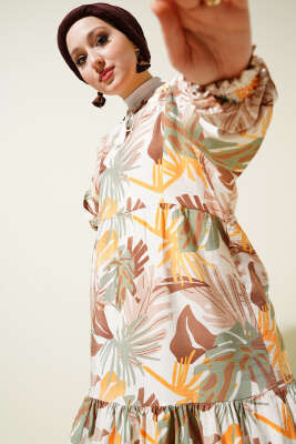 Bileği Gipeli Tropik Desen Elbise Kahve - Thumbnail