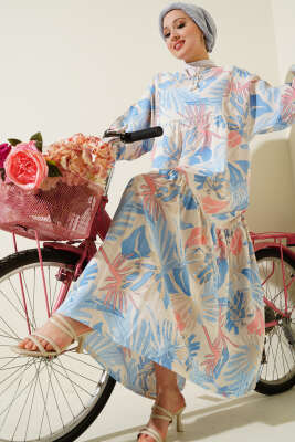 Bileği Gipeli Tropik Desen Elbise İndigo - Thumbnail