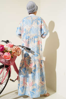 Bileği Gipeli Tropik Desen Elbise İndigo - Thumbnail