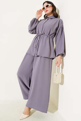 Pazarium - Bel İpli Balon Kol İkili Takım Kayrak Grisi