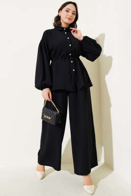 Pazarium - Bel İpli Balon Kol İkili Takım Siyah