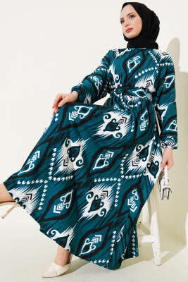 Pazarium - Bel Lastikli Desenli Mevlana Elbise Zümrüt