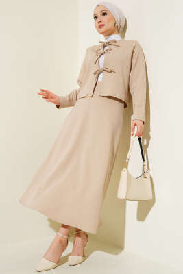 Pazarium - Önü Bağcıklı Ceket Etek İkili Takım Bej
