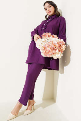 Pazarium - Önü Düğmeli Fırfırlı İkili Takım Mor