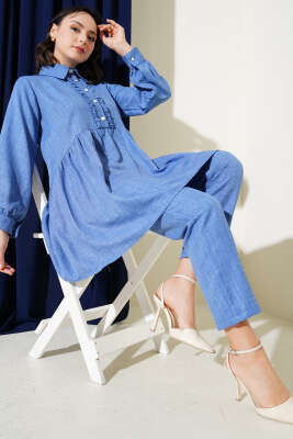 Pazarium - Önü Düğmeli Fırfırlı İkili Takım İndigo