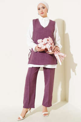 Pazarium - Taş Süslemeli Yan Bağlamalı Üçlü Takım Mor