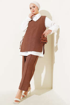 Pazarium - Taş Süslemeli Yan Bağlamalı Üçlü Takım Kahve