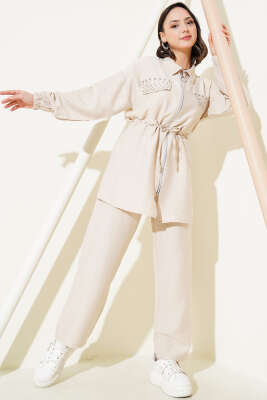 Pazarium - Taşlı Çift Cep Kapaklı İkili Takım Bej