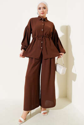 Pazarium - Bel İpli Balon Kol İkili Takım Kahve