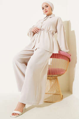 Pazarium - Bel İpli Balon Kol İkili Takım Bej